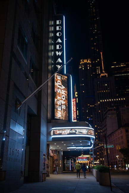 Broadway theater marquee illuminated at night
